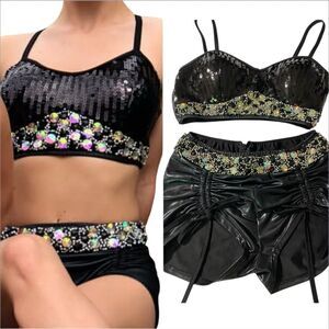 Glamour mature faux leather rocker goth Dance Custom solo costume 2 piece LA